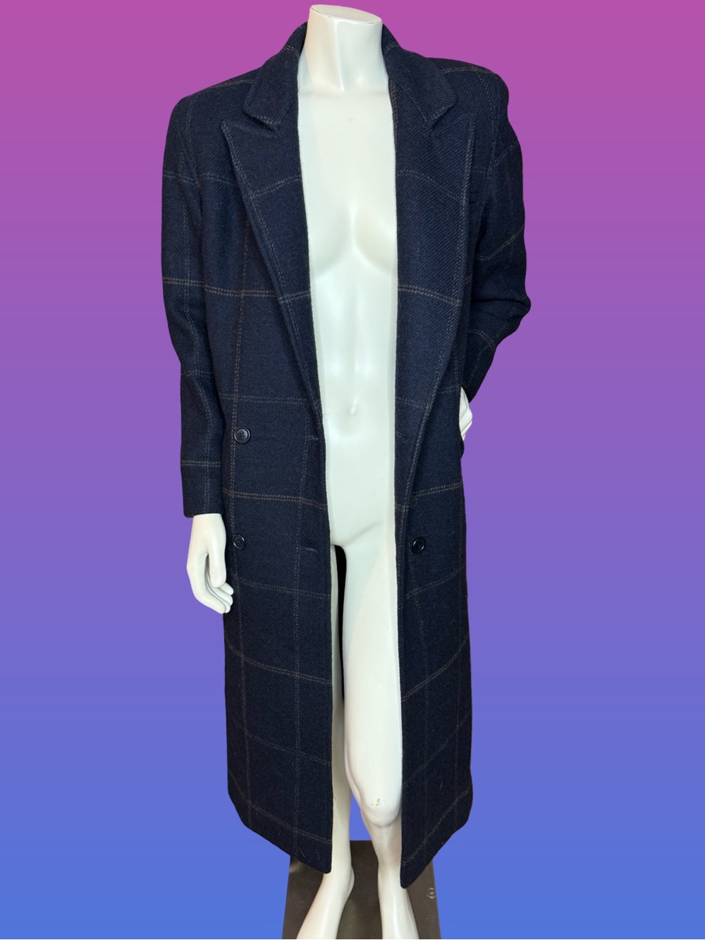Vintage Harve Benard Wool Plaid Long Trench Coat Navy & Purple Satin Lining